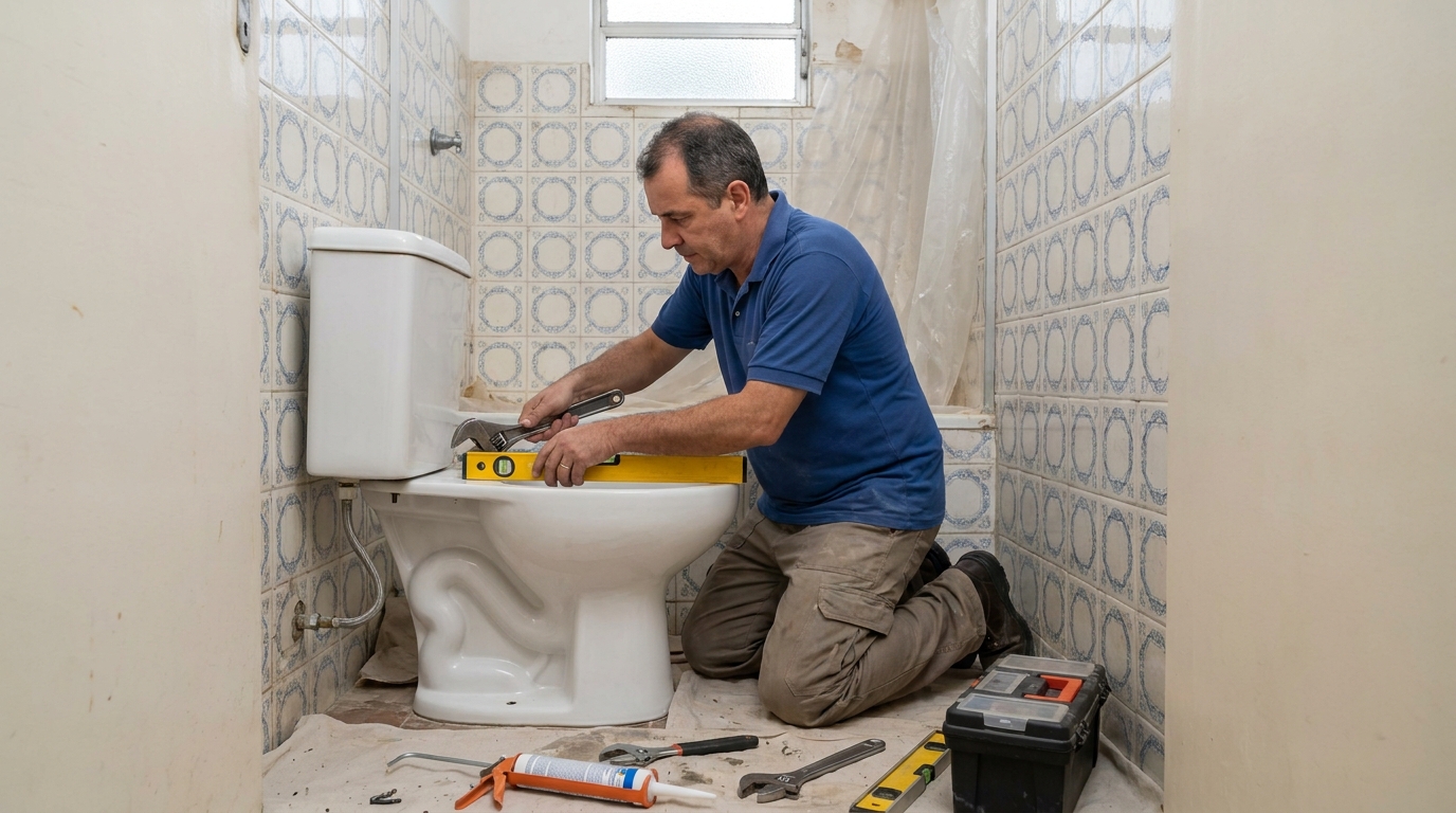 Técnico instalando vaso sanitário em Americana‑SP